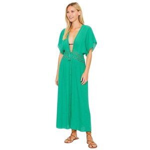 2/$30 Aakaa Green Large Maxi Cover Up Dress Delicate Waist Tie & Lace Details